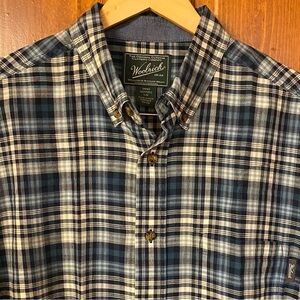 Woolrich Blue Plaid Lightweight Madras Cotton Short Sleeve Shirt Size L